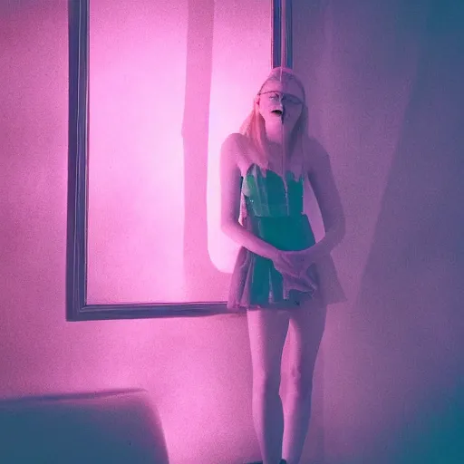 Image similar to Polaroid of Elle Fanning in a dream, silhouettes, threes, rain, reflection, double exposure, dramatic low-key neon lighting, light painting