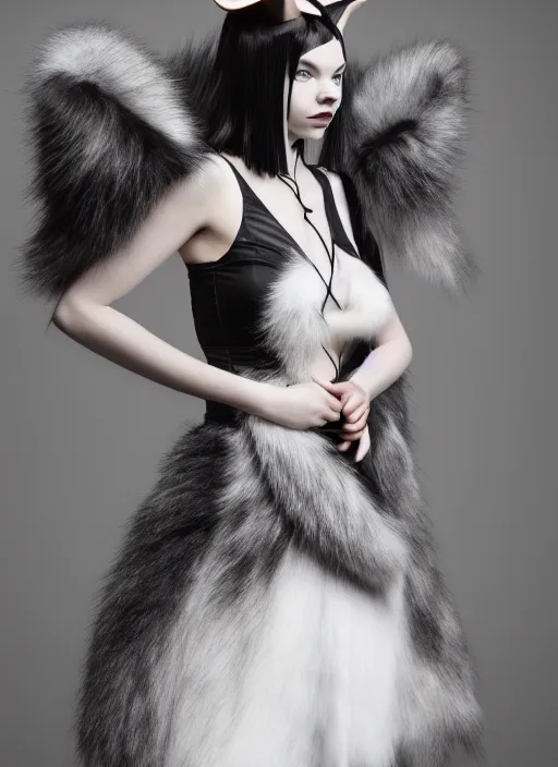 Image similar to full body environmental portrait photo of dressed catgirl anya taylor - joy, cat ears, fur, glamour shot by gemmy woud - binnendijk, chris knight, photorealistic, canon r 3, high fashion photography, elegant, luxury and elite, symmetry, octane render, unreal engine, solid dark grey background, dramatic studio lights, high fashion journal cover