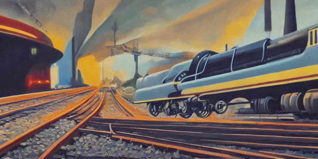 Image similar to oil painting of streamline train speeding. futurism. industrial revolution and progress.