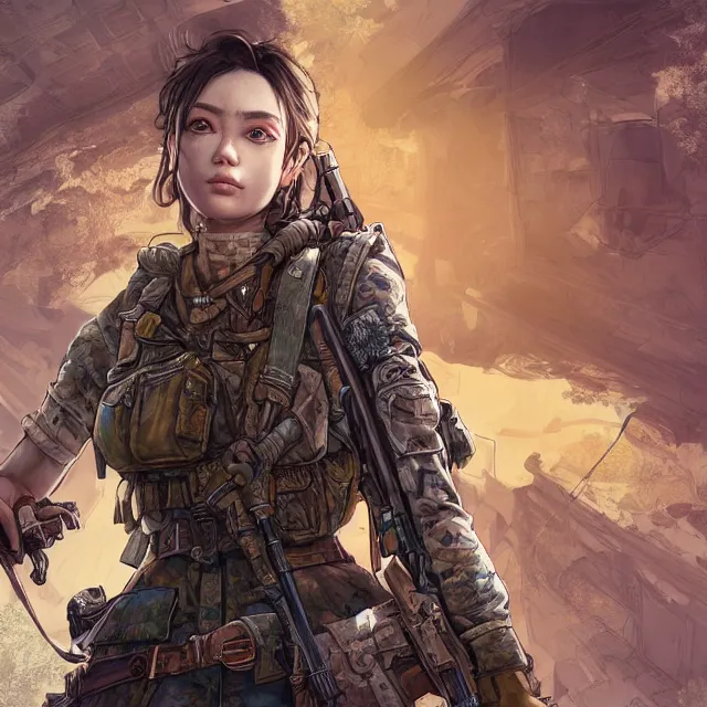 Image similar to the portrait of lawful neutral semi - colorful female infantry sniper as absurdly beautiful, gorgeous, elegant, young woman looking up, an ultrafine hyperdetailed illustration by kim jung gi, irakli nadar, intricate linework, bright colors, octopath traveler, final fantasy, unreal engine 5 highly rendered, global illumination, radiant light, detailed and intricate environment