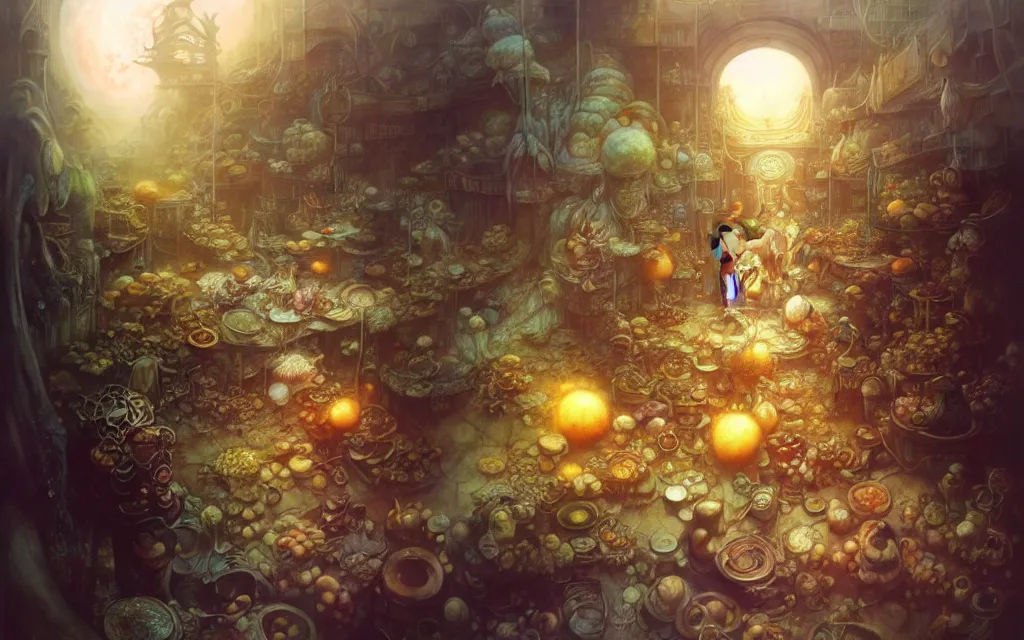 Image similar to anak orang gila di pasar, beautiful matte painting, brian froud, yoshitaka amano, kim keever, victo ngai, james jean