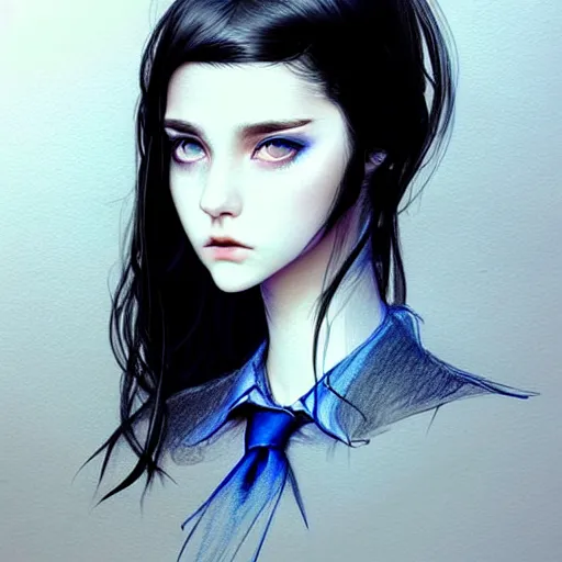 Image similar to pen and ink sketch of english teenage girl with black hair, china blue eyes, pale glowing skin, beautiful sinister features, rich and evil, elegant fashion model, fantasy, intricate, elegant, dress shirt and tie, highly detailed, digital painting, artstation, concept art, smooth, sharp focus, illustration, art by Krenz Cushart and Artem Demura and alphonse mucha, black and white