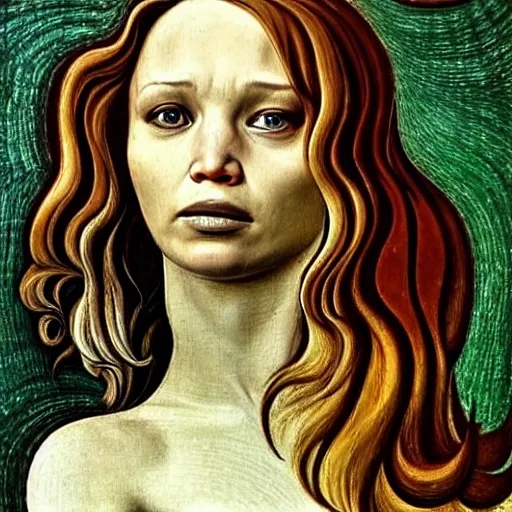 Prompt: jennifer lawrence as gollum, elegant portrait by sandro botticelli, detailed, symmetrical, intricate