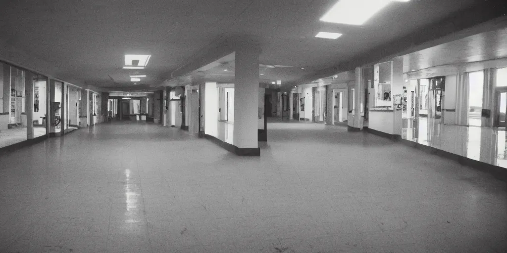 Image similar to a weird place full of people but now empty with eerie feeling, disposable colored camera, camera flash, house, mall, hallway, playground, office