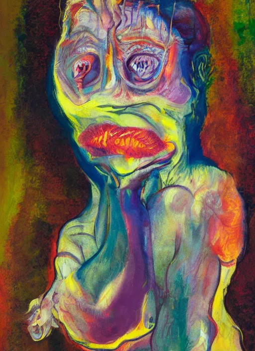 Prompt: beautiful girl, grotesque, doomed, acrylic paint, high resolution gouache on canvas, ugly vibrant colors, grotesque, wrapped thermal background, art francis bacon