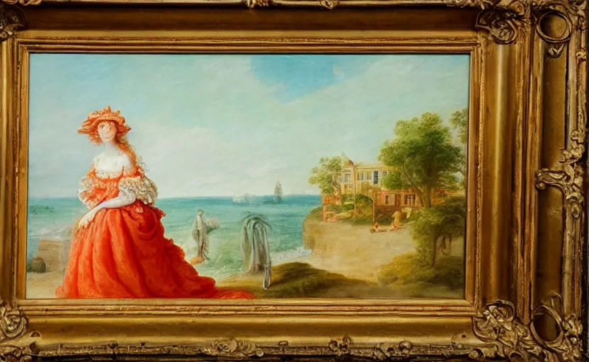 Prompt: oil painting of a house made of cheetos, beach in the background, rococo style, in the style of antoine watteau, johann baptist zimmerman, extremely detailed