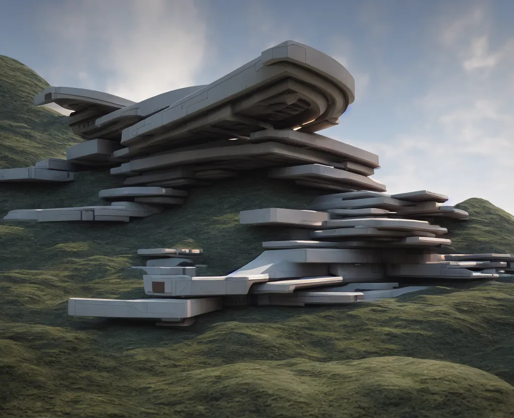 Prompt: futuristic sci-fi articulate rural architectural masterpiece by frank Lloyd wright and Zaha hadid, detailed, octane render, photo realism, 3D, ray tracing, photo realism