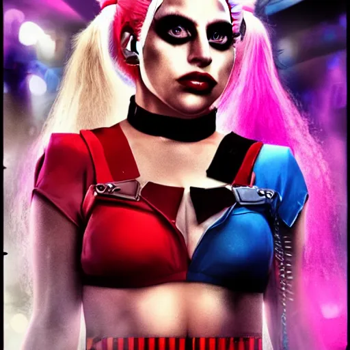 Image similar to an awe inspiring photorealistic movie poster featuring Lady Gaga as Harley Quinn hdr