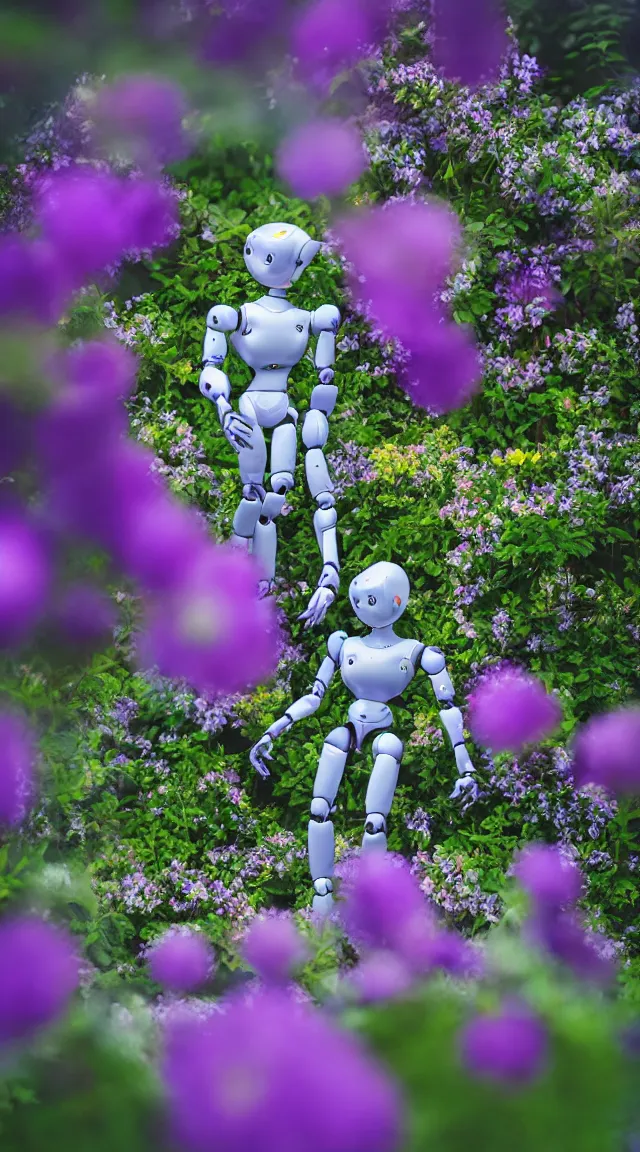 Image similar to single toy humanoid robot in a garden looking around, hyper detailed, sharp focus, bokeh, unreal engine, ray tracing, cute, fantasy, sci fi, purple flowers, blue flowers, violet flowers, glowing flowers, tiny, small, hyper realistic, sky