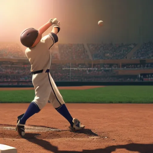 Image similar to a boy hitting a homerun in a baseball game on an idyllic beautiful summer day. Close up. Asian boy with black hair and green eyes. Lens flare. Golden hour. Craig Mullins. Ruan Jia Makoto shinkai.