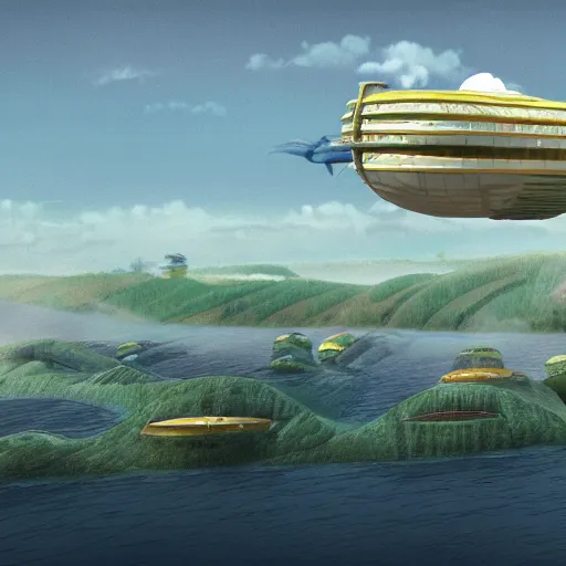 Prompt: a floating city held up by zeppelins over rolling green hills. solar punk. hayao miyazaki. photorealistic render