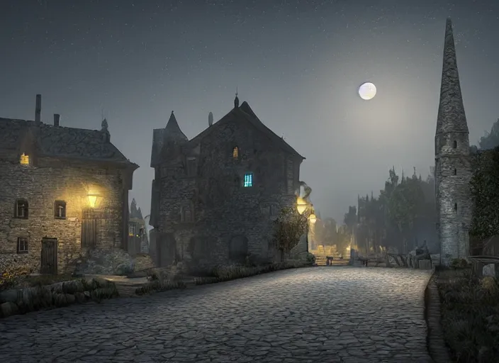 Image similar to medieval vampire village, moon light, gas lighting, stone roads, digital art, unreal engine