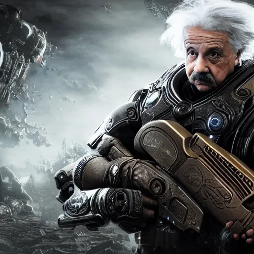 Image similar to Albert Einstein in Gears of War, splash art, movie still, detailed face, cinematic lighting, dramatic, octane render, long lens, shallow depth of field, bokeh, anamorphic lens flare, 8k, hyper detailed, 35mm film grain