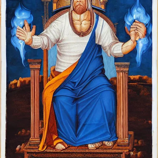 Image similar to hank hill as the god of propane, white tshirt, blue jeans, surrounded by blue fire and blue flames, renaissance religious painting, late gothic religious paintings, byzantine religious art, painting by duccio di buoninsegna and carlo crivelli, trending on artstation