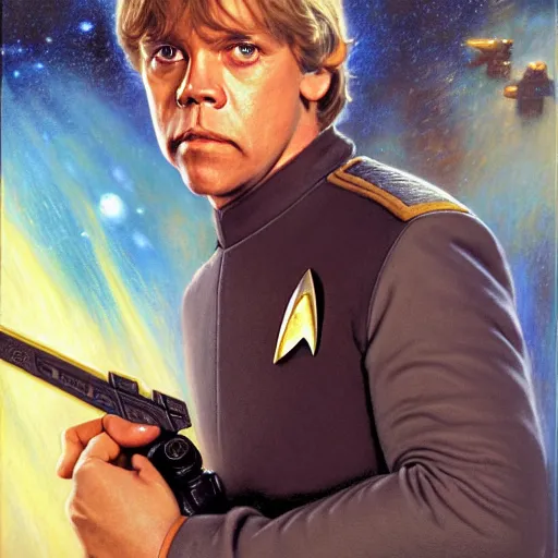 Prompt: a portrait of luke skywalker in a starfleet uniform star trek chief engineer harry potter wand. detailed face highly detailed painting by gaston bussiere craig mullins jc leyendecker gustav klimt artgerm greg rutkowski