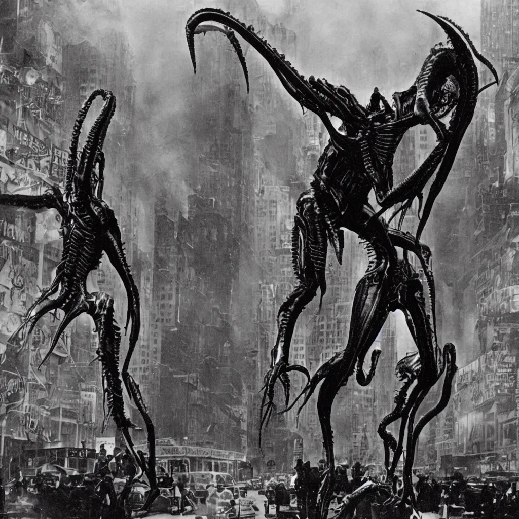 Image similar to old black and white photo, 1 9 1 3, depicting a xenomorph from the movie aliens rampaging through the bustling streets of new york city, historical record