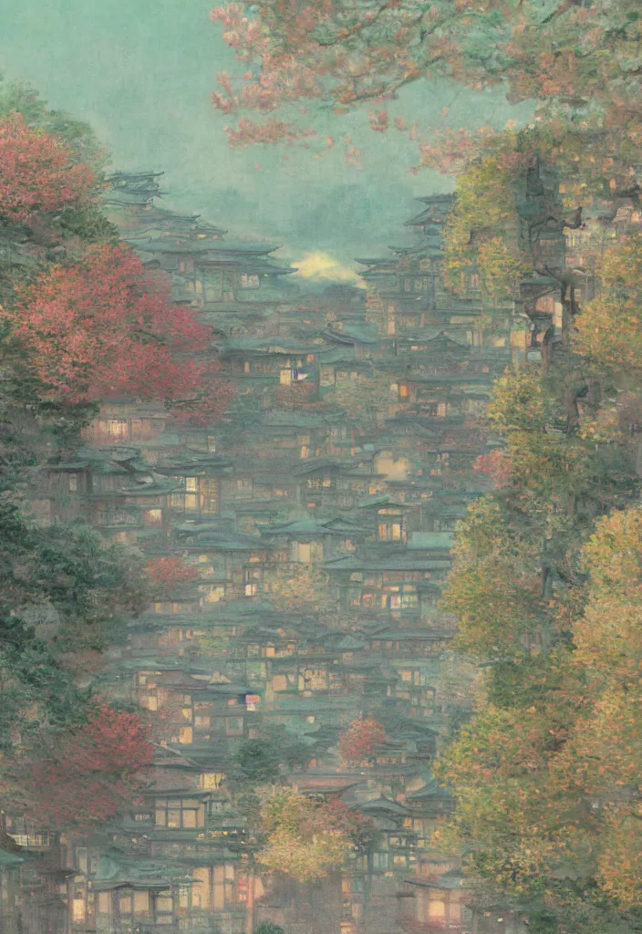 Prompt: a beautiful japanese city in the mountain, amazing ryokans and gorgeous edo era houses, yokai all around, epic cyberpunk, lofi vibe, colorful, vivide colors, amazing light, light beams with dust, really mesmerizing nature, by jeremy lipkin, by claude monet, by makoto shinkai, kandinsky touches, inspired by ghibli, masterpiece, beautiful