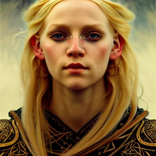 Prompt: portrait of a blond viking girl, surreal, fantasy, intricate, elegant, dramatic lighting, highly detailed, lifelike, photorealistic, digital painting, artstation, concept art, smooth, sharp focus, illustration, art by John Collier and Krenz Cushart and Artem Demura and Alphonse Mucha and Albert Aublet