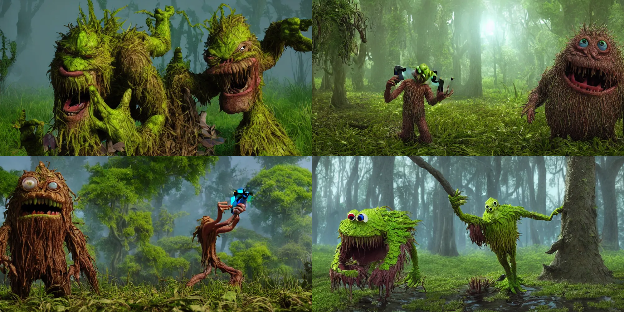 Prompt: The happy swamp thing creature taking a selfie, character design by pixar, arnold 3, volumetric lighting, unreal engine, overgrown vegetation