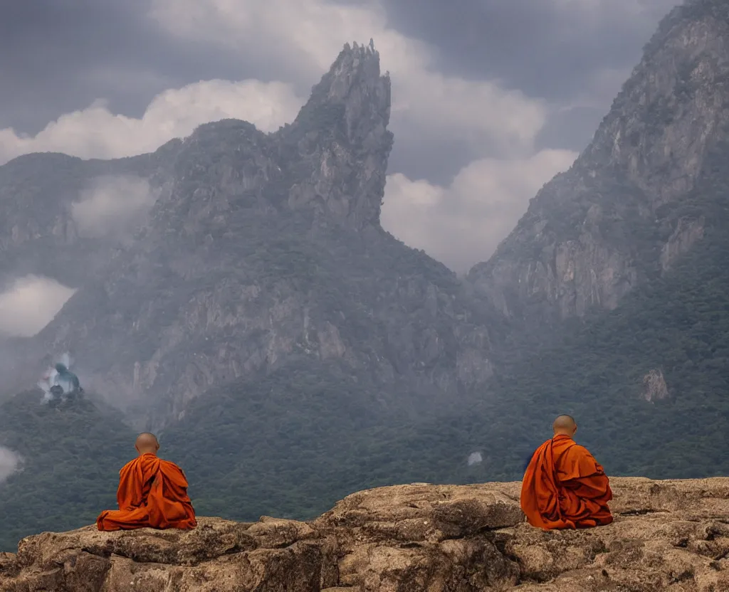 Image similar to a monk is meditating calmly on a beautiful mountain, in the foreground there is godzilla attacking a small village