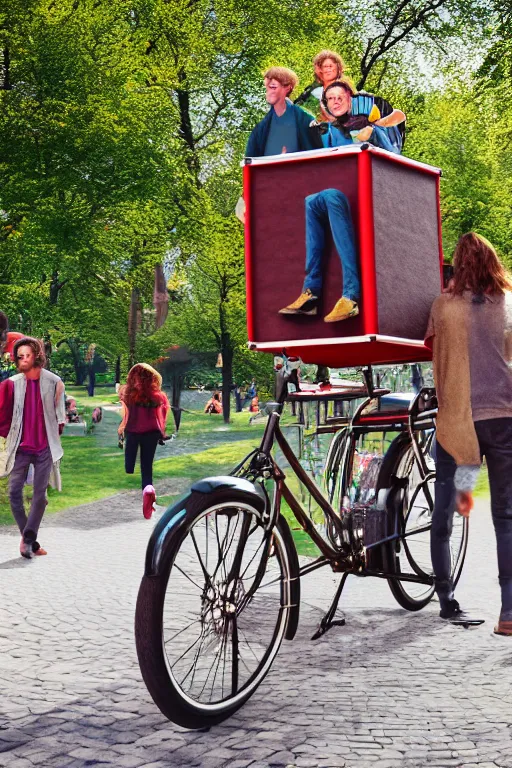 Image similar to potrait of band playing in the park with christiania cargobike. Summer. High definition, Cinematography, mega scans, cinematic, hyper realistic, photo realistic, cinematic composition, highly detailed, vray, 8k render