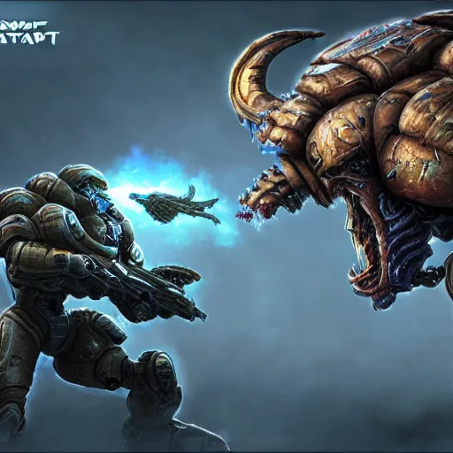 Image similar to Starcraft Zergling eating a marine soldier 4k,realistic 4k octane render painted as game concept art