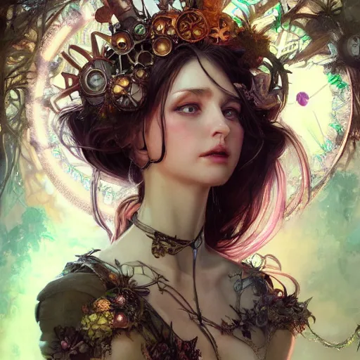 Image similar to ultra realistic illustration of steampunk magical fairy, forest, fantasy, lenses, colorful lights, intricate, elegant, highly detailed, digital painting, artstation, concept art, smooth, sharp focus, illustration, art by artgerm and greg rutkowski and alphonse mucha