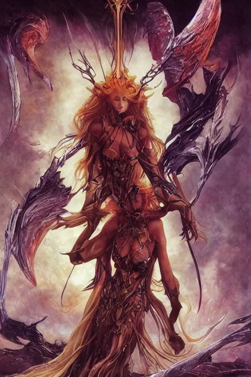 Image similar to young redhead Spellcaster on their knees worshiping spell book, S&D dark fantasy style, sharp focus, ultra detailed, art by Artgerm and Peter Andrew Jones, Karol Bak, Ayami Kojima, Amano and Olivier Ledroit