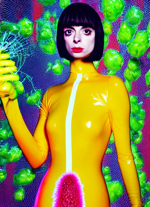 Prompt: hyper render - kawaii portrait ( astronaut suit, chrome, porcelain forcefield, looks like krysten ritter ) eating in network yellowcake aerochrome strawberry and her delicate hands hold gossamer polyp fungal flowers dress, ryden