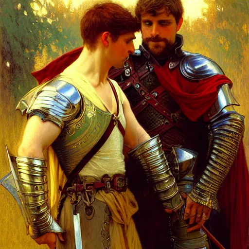 Image similar to attractive arthur pendragon and his attractive male knight, they are in love, natural lighting, path traced, highly detailed, high quality, digital painting, by gaston bussiere, craig mullins, alphonse mucha j. c. leyendecker