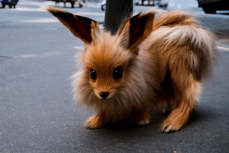 Image similar to closeup potrait of Eevee on a new york sidewalk, natural light, sharp, detailed face, magazine, press, photo, Steve McCurry, David Lazar, Canon, Nikon, focus