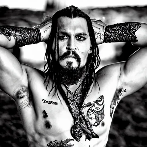 Image similar to portrait of johnny depp as khal drogo from games of thrones, mascular, broad shoulder, very long hair, long beard with dreadlocks, tattooed body, six packs, symmetrical, nikon 3 5 mm photography, ultrarealistic