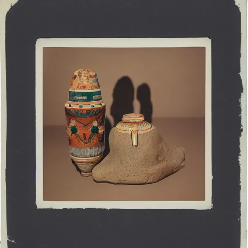 Image similar to A three color offset photography of an hybrid object that combines conceptual ethnographic artifact, anthropology of wonder, and exotic artifacts, exhibition, collection, museum, 60s style