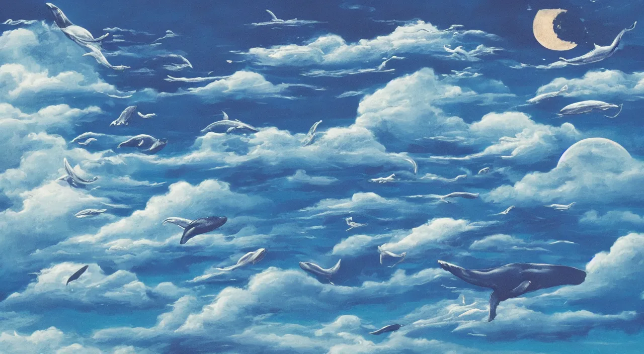 Prompt: ocean in the sky, whales, clouds, moon, water