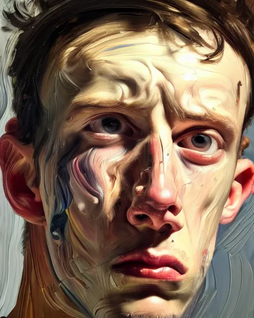 Image similar to a close up portrait a very ordinary young man with an angry expression, high angle, facing front, looking down, by Lucian Freud and Jenny Saville, oil painting, anatomically correct, beautiful perfect face, visible brushstrokes, sharp focus, Highly Detailed, Cinematic Lighting, 8k, HD