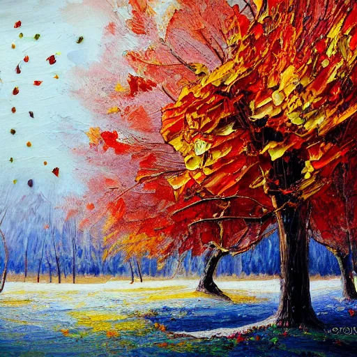 Image similar to painting depicting all four season in one single painting, tree in the summer, tree in the winter, tree in spring, tree in autumn, concept art, artstation, detailed, impressionism, oil on canvas, knife painting, messy,