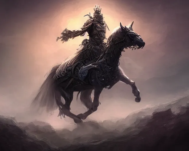 Image similar to A ghost warrior riding a giant ghost horse with armour, fantasy art, in the style of Frank Neidhardt, illustration, epic art, fantasy, intricate, elgant, amazing detail, digital painting, artstation, concept art, smooth, sharp focus