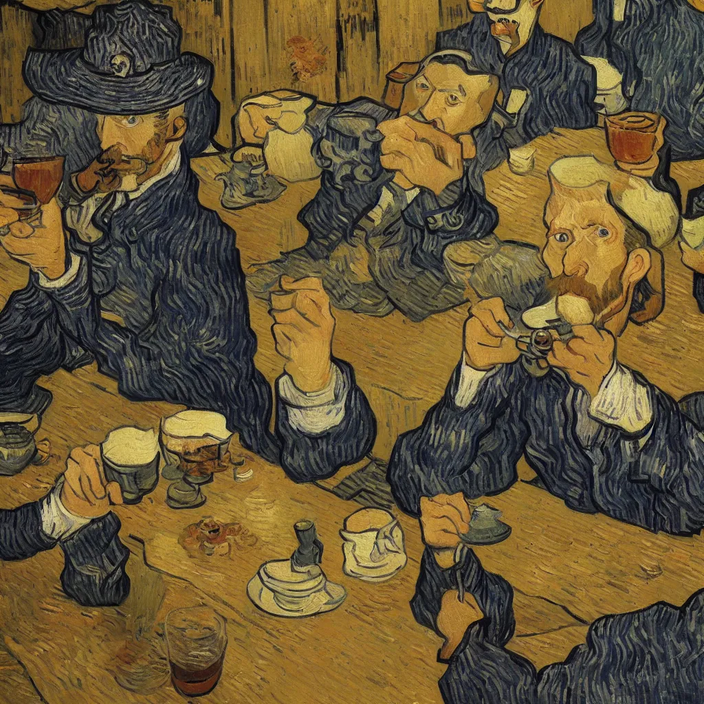 Image similar to van gogh drinking tea in chengdu, by lijiayan, trending on artstation.