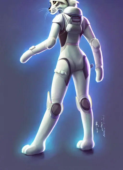 Prompt: wide angle beautiful full body portrait of a strong female anthropomorphic anthro lynx fursona from behind wearing a futuristic space suit. paw pads instead of feet, character design by disney, anime, manga, charlie bowater, ross tran, artgerm, and makoto shinkai, detailed, soft lighting, rendered in octane