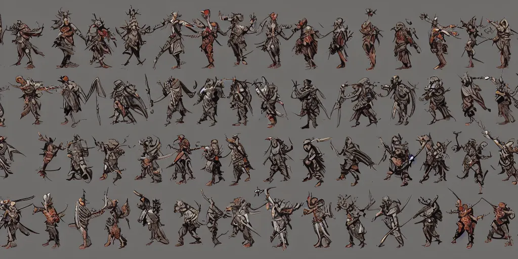 Prompt: warrior enemy character design. idle. attack. sprite sheet, darkest dungeon. pc game. sideview. transparent background. art by moebius and greg rutkowski.