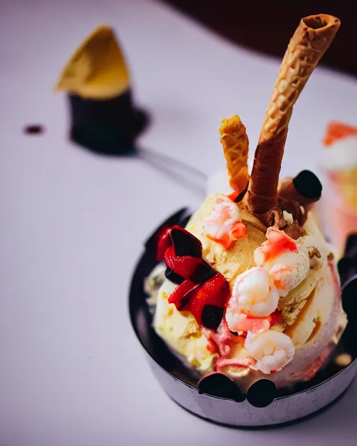 Prompt: dslr food photograph of an ice cream sundae with shrimps on. vanilla icecream, 8 5 mm f 1. 4