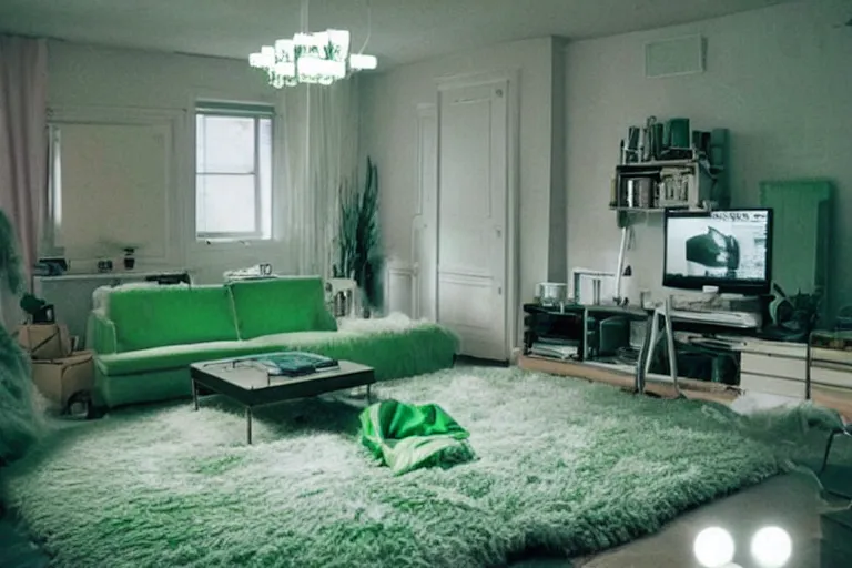 Image similar to apartment organization inspo green and fluffy, in 2 0 5 5, y 2 k cybercore, low - light photography, bathed in the glow of a crt monitor, still from a ridley scott movie