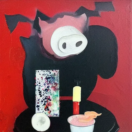 Image similar to “ a portrait in a female art student ’ s apartment, sensual, a pig theme, art supplies, paint tubes, ikebana, herbs, a candle dripping white wax, black walls, squashed berries, berry juice drips, acrylic and spray paint and oilstick on canvas, surrealism, neoexpressionism ”