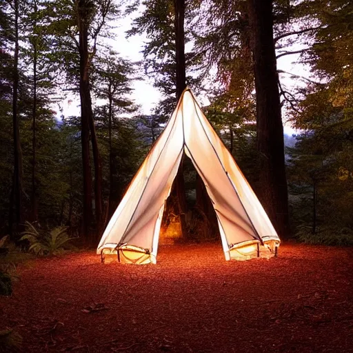 Image similar to fancy tent with light inside it in the middle of the forest, artistic,