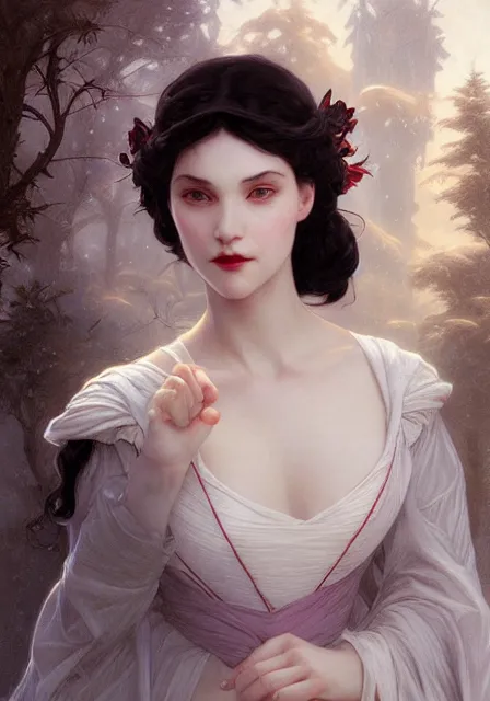 Image similar to snow white vampire, intricate, elegant, highly detailed, digital painting, artstation, concept art, smooth, sharp focus, illustration, art by artgerm and greg rutkowski and alphonse mucha and william - adolphe bouguereau