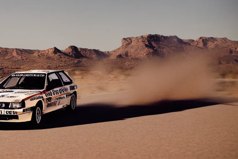 Prompt: Audi quattro rally car driving thru the desert. Cactus. Muted colors, photograph, high-speed photography, motion blur, midday, film 35mm