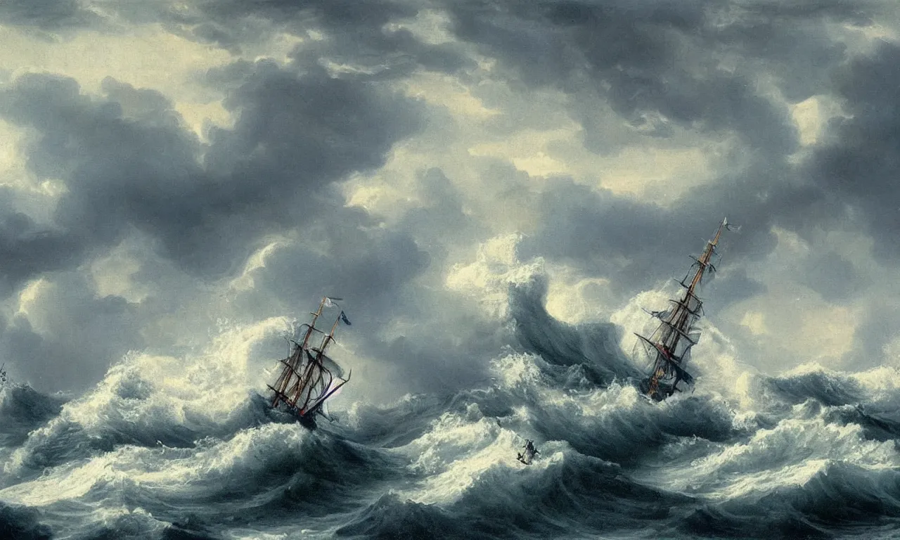 Prompt: a painting depicts waves crashing against a clipper ship on rough seas below dark and stormy clouds, montague dawson