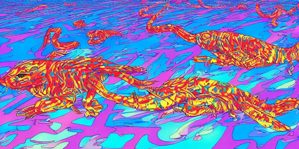 Image similar to electric cats that fly over ice, a lot of tv screens around, shrimps are all over the ground, acid and dreaming psychedelic hallucinations, by moebius, colorful flat surreal design, hd, 8 k, artstation