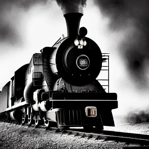 Image similar to a hyperdetailed black and white photograph of the union pacific big boy on the rails producing lots of black smoke in an old timey city, night, dense fog, rain, hd, 8 k, cinematic, volumetric lighting