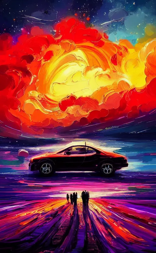 Image similar to a beautiful painting of a burning car, art of alena aenami, featured on artstation, vertical orientation, paint brush strokes, expressionism, brushstroke - laden, breathtaking clouds, birds, ocean, beautiful stars, long exposure, big moon radius, airy midnight theme, blue purple gradient, lens flare